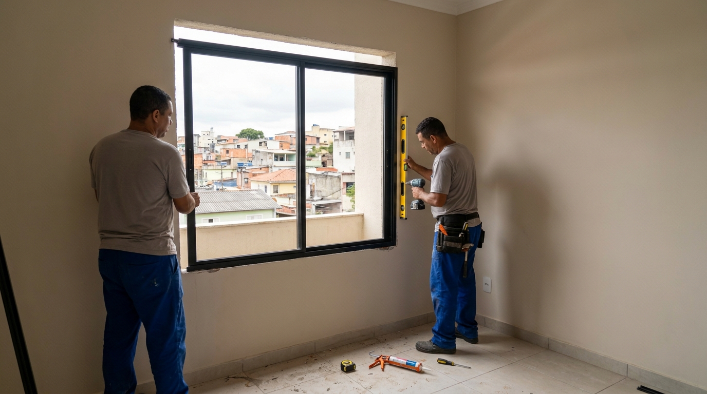 Esquadria de alumínio em quarto bege em Goiânia-GO