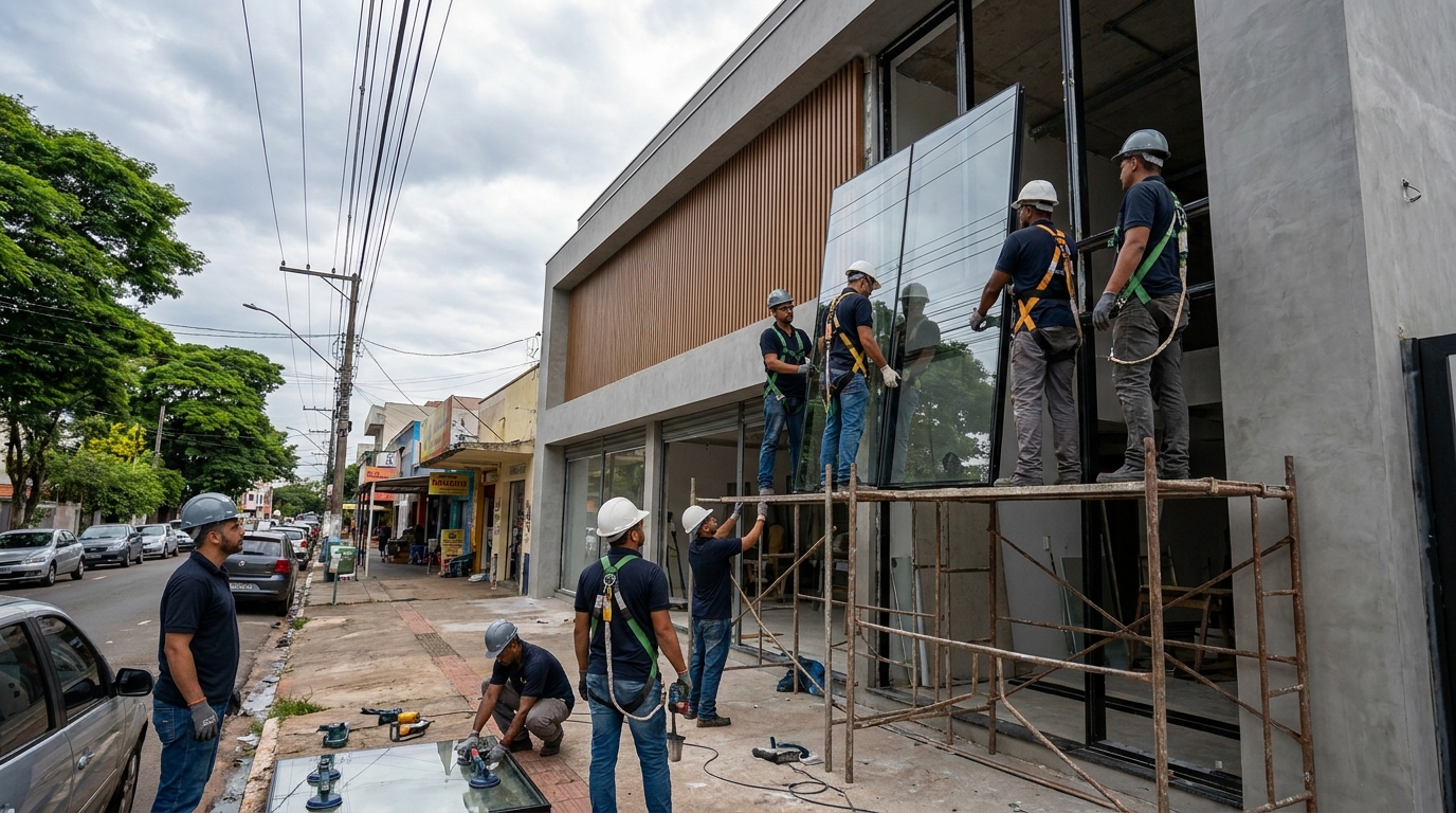 Fachada de vidro com andaime lateral em Goiânia-GO